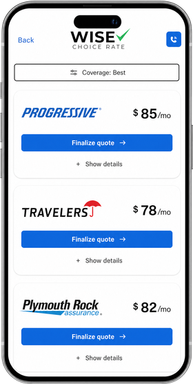 Wise Choice Rate quote results on a phone